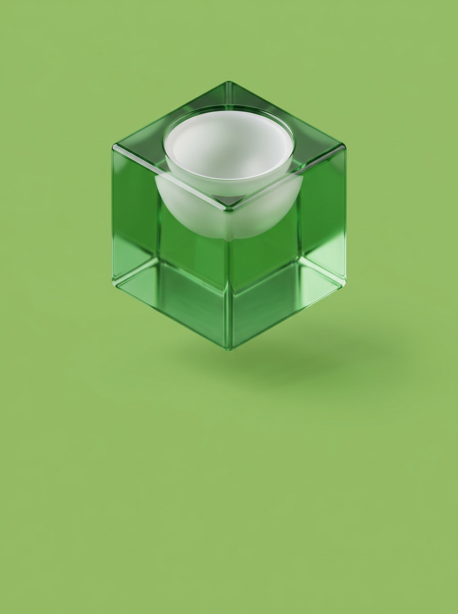 Cube de verre vert avec une coupelle blanche, rendu en trois dimensions