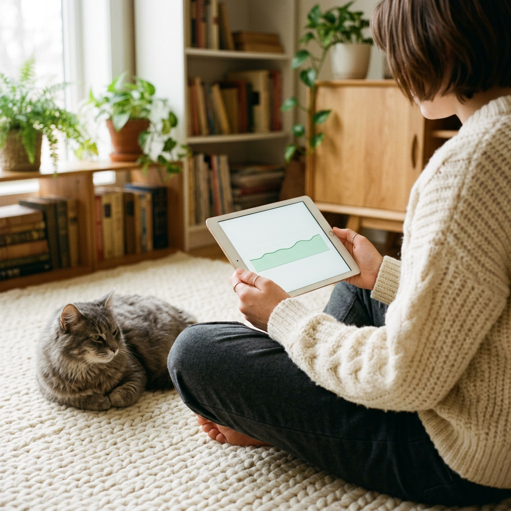Un ou une ado assis sur un tapis clair, une tablette à la main, à côté d'un chat